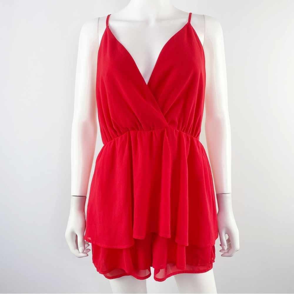 NEW Pretty Little Thing Red Frill Layer Sleeveless Playsuit Romper Size 10